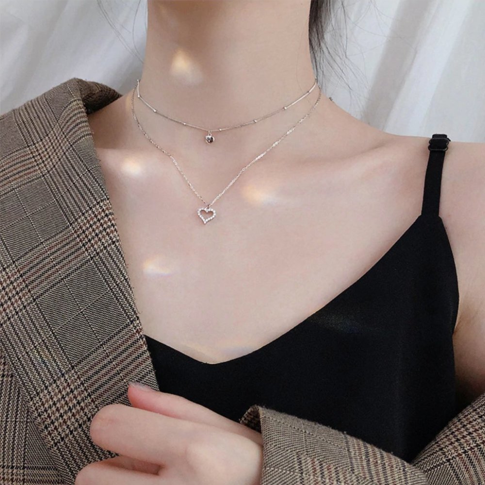 925 Sterling Silver Double Layer Heart Necklace Choker-NEW - Picture 7 of 16